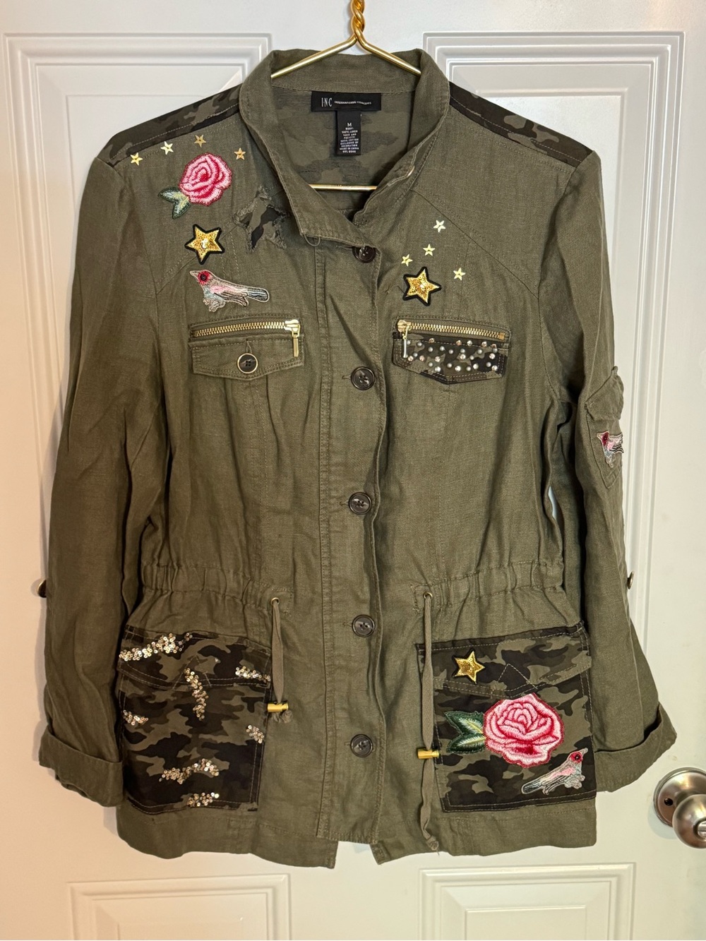 INC International Concepts Olive Embroidered Utility Jacket Hippie Camo